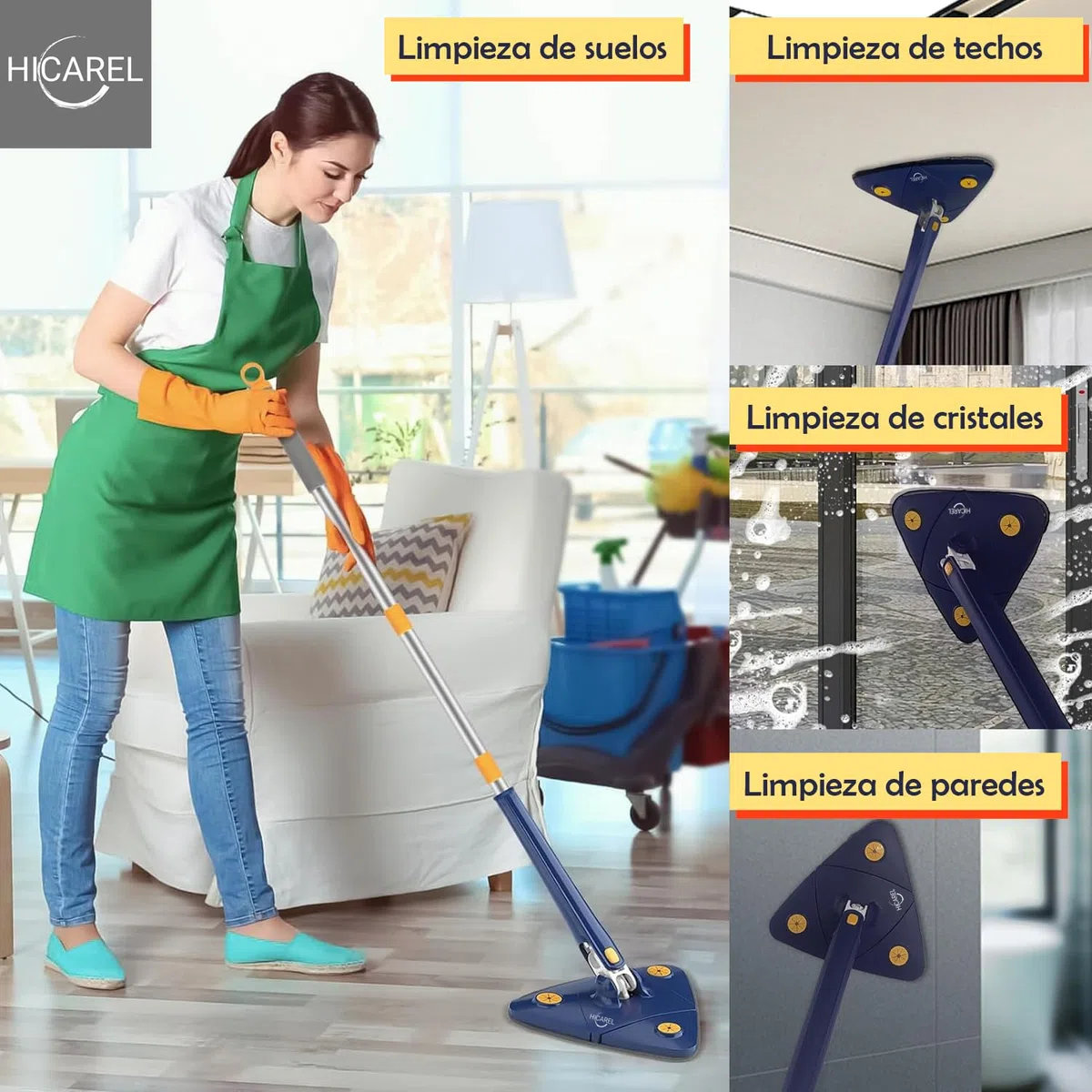Mopa Triangular Giratoria 360 Autoescurrible de Microfibra, Mopa para Limpiar Azulejos y Paredes, Colgador, 6 Recambios, Manual y Trucos. Fregona Autoescurrible, Suelos, Techos y Ventanas.