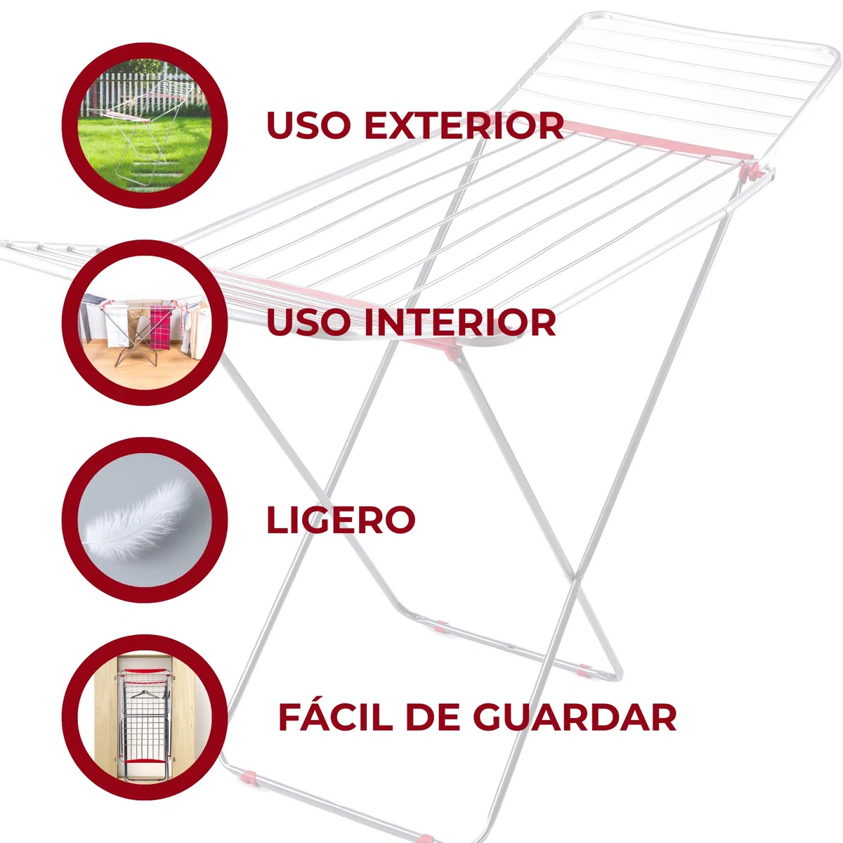 Tendedero de Ropa Plegable con Alas de Mezcla Acero y Aluminio Resistente para Interior y Exterior con Superficie de Tendido 19m - Ligero y Compacto con Fácil Plegado - Fabricado en Europa