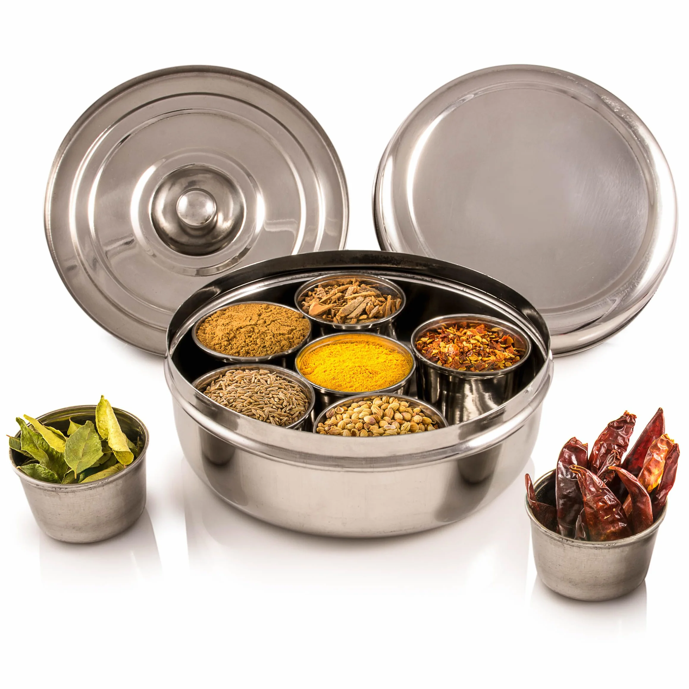 Indian-Tiffin Recipiente para Especias, de Acero, con 7 Compartimentos, hermético