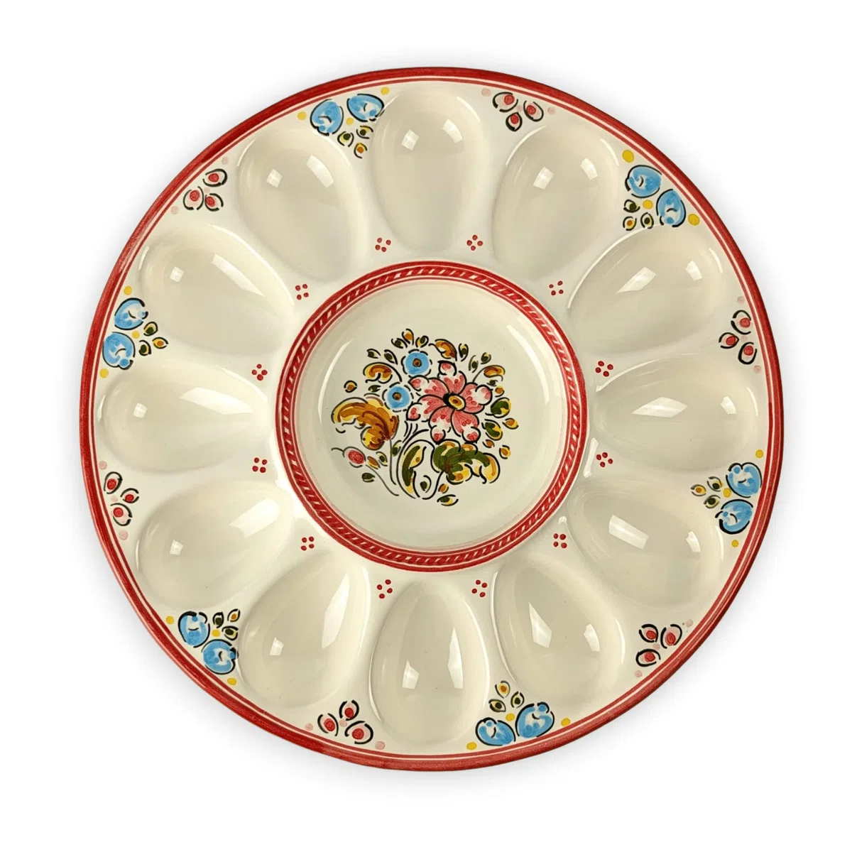 Gónfer - Huevera Plato de Huevos de Cerámica Artesanal Flores Rojo - Bandeja Fuente Huevos Rellenos - Fabricado y Pintado a Mano - Capacidad 12 (26,5 cm Ø)