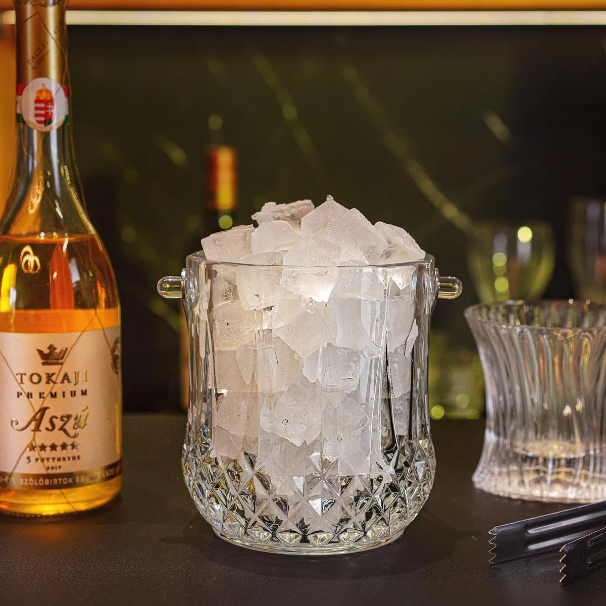 Cubitera de hielo de vidrio con asa y pinza para 37 onzas de cubitos de cristal transparente para cóctel, bar, vino, hogar, fiestas, cubo de champán
