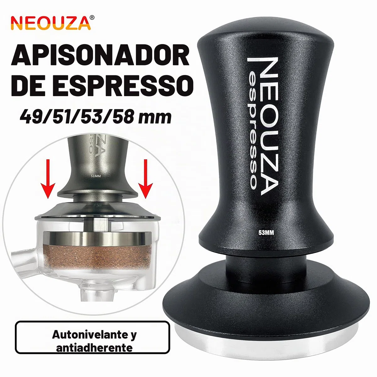 NEOUZA Herramienta de accesorios de máquina de café, antiadherente, mango refinado, base plana de acero inoxidable (51 mm, negro mate)