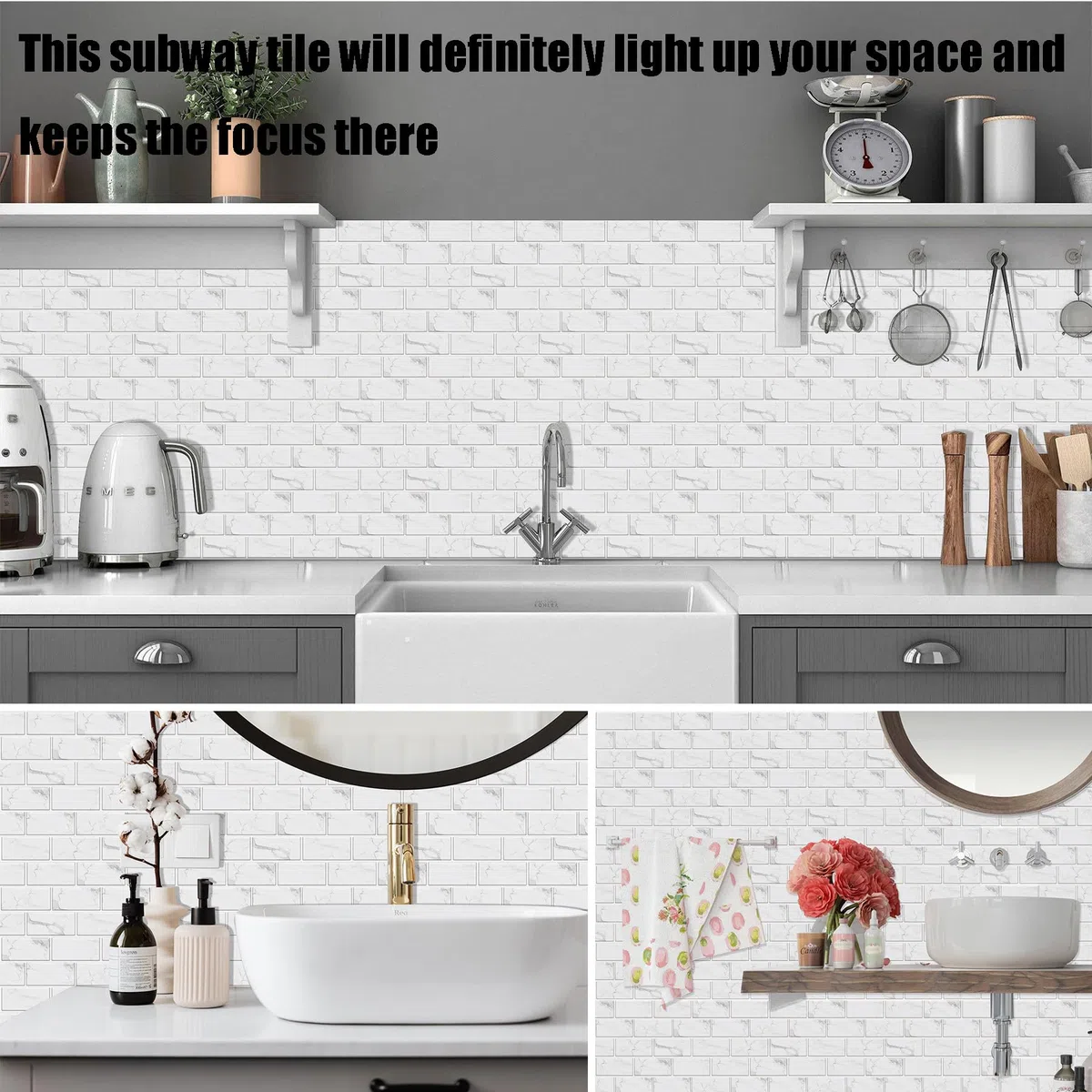 Pegatinas de Baldosas, Adhesivo de Pared Azulejos Adhesivo de Pared PVC Decorativos Adhesivos para Cocina y Baño Ladrillos pared Gris 15 x 30 cm (24 Piezas)
