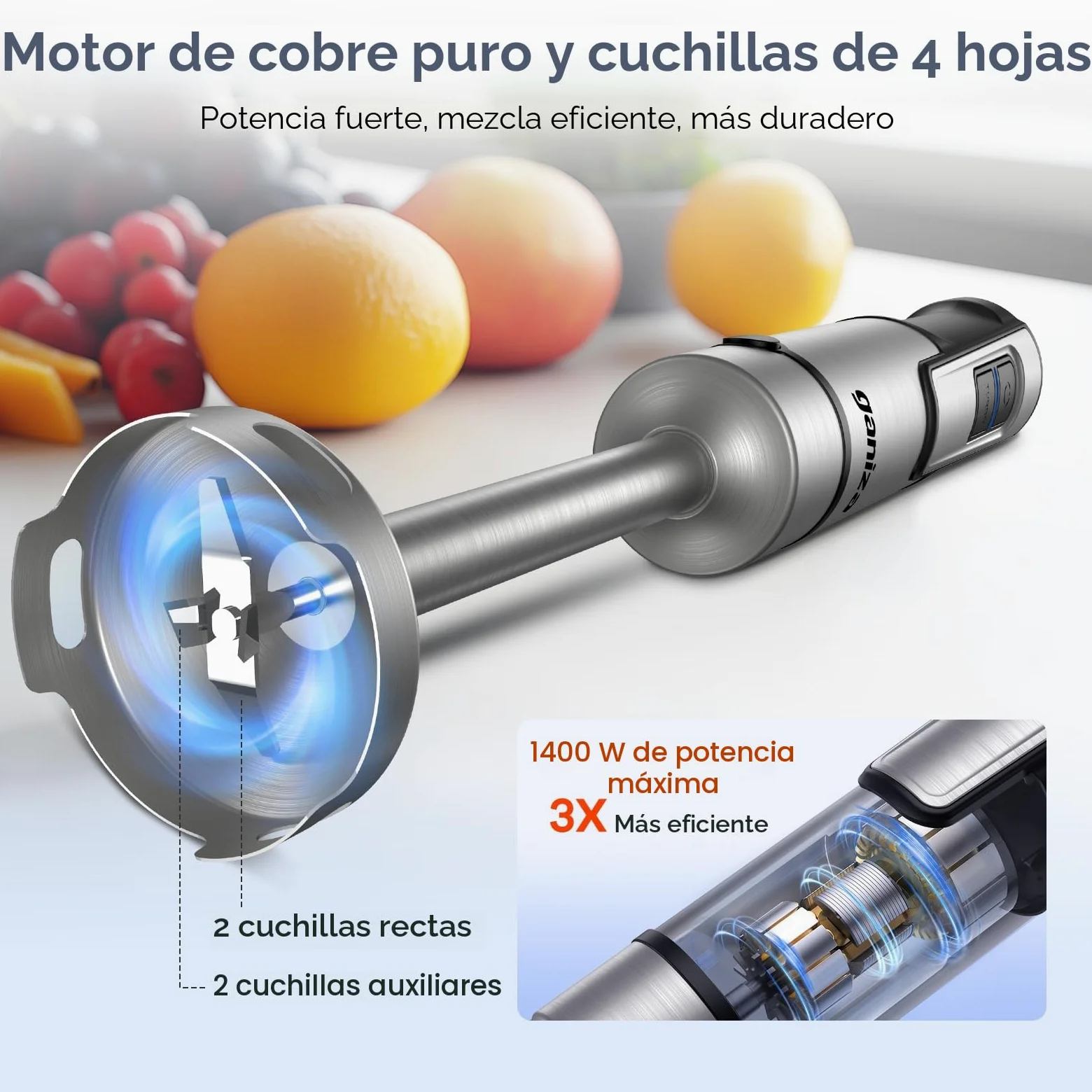 Ganiza Batidora de mano eléctrica 10 en 1, potente batidora de 1200 W con control de velocidad y botón TURBO, Multifunción picadora con doble espumador de leche, para preparar salsas y batidos