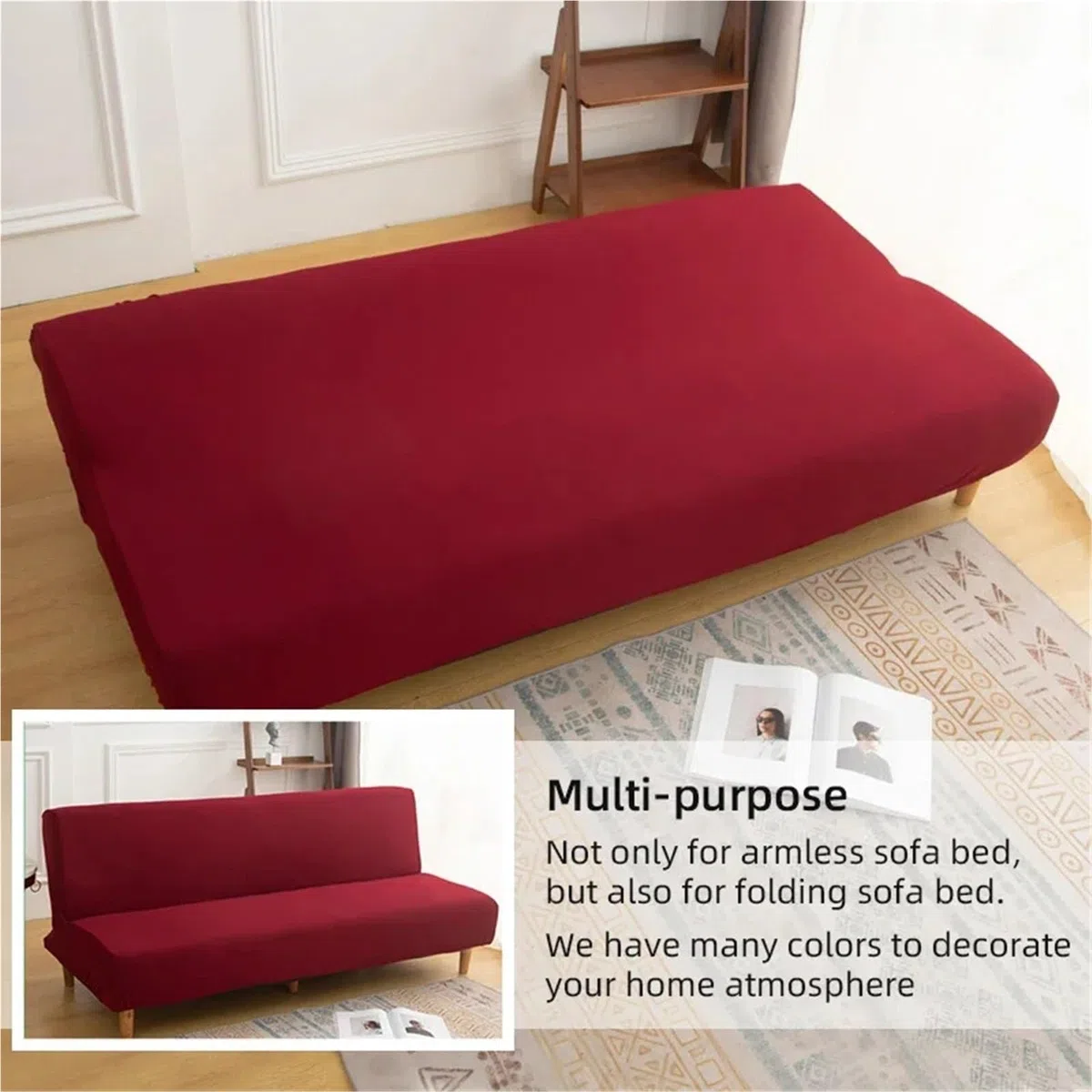Funda elástica for sofá Cama sin Brazos, Funda for, Color Liso, Plegable, con Base(Beige,L 190-210cm)