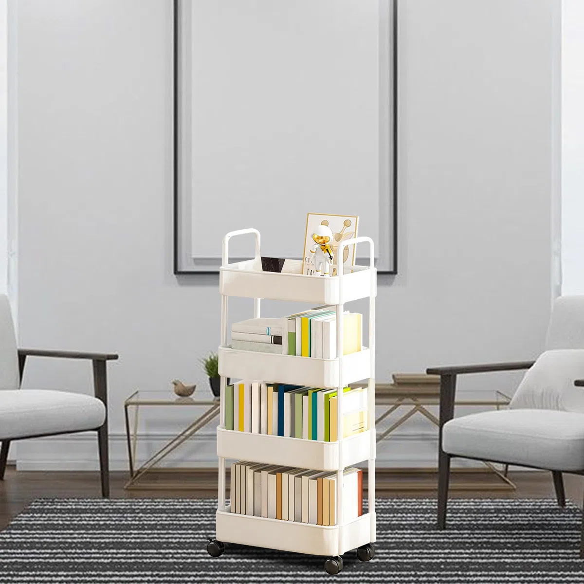 Carro Almacenamiento | Organizador Carrito rodante para Libros - Carro Almacenamiento con Estante 3/4 Niveles, Organizador Almacenamiento móvil con Ruedas