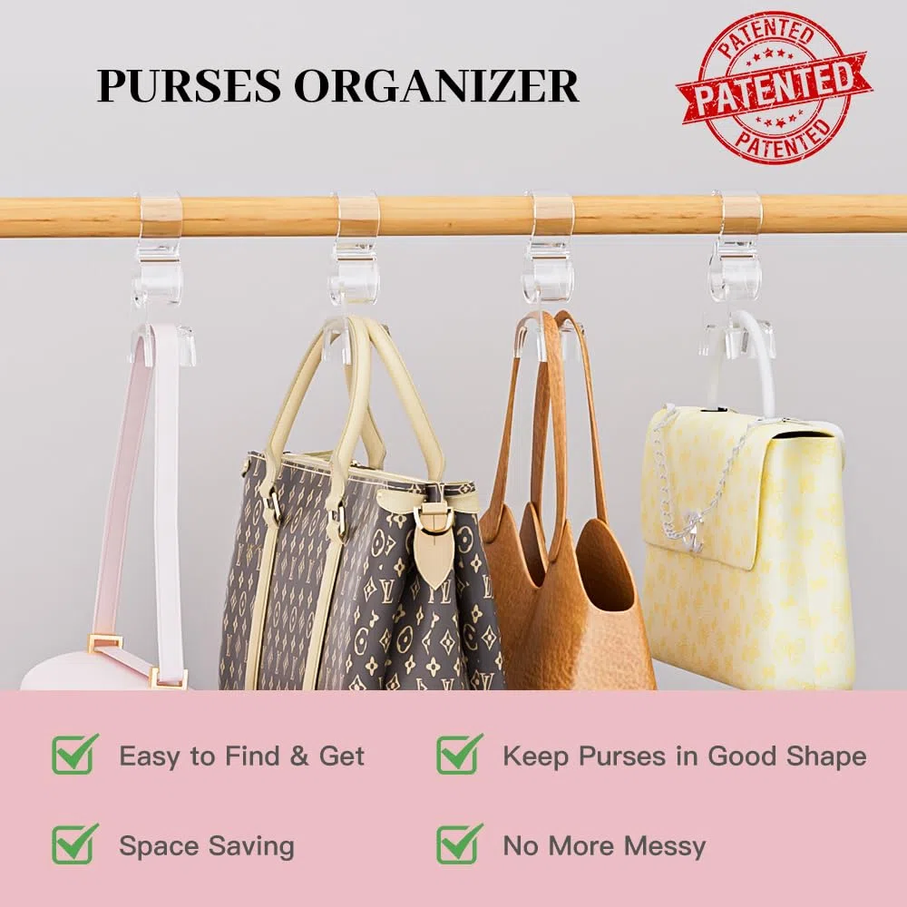 Organizador de monedero para armario, 6 piezas, acrílico, ganchos organizadores para colgar bolsas y bolsos, protege la forma de la bolsa y organiza el espacio (transparente)