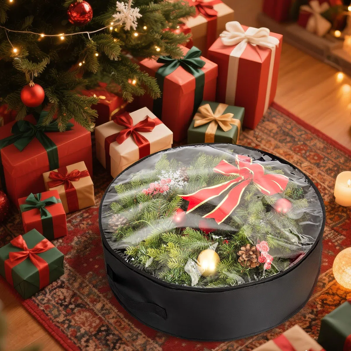 Paquete de 3 bolsas de almacenamiento de corona de Navidad con ventana transparente – Organizador impermeable negro de PE/PVC para decoración navideña, guirnaldas y adornos | Cierre de cremallera y