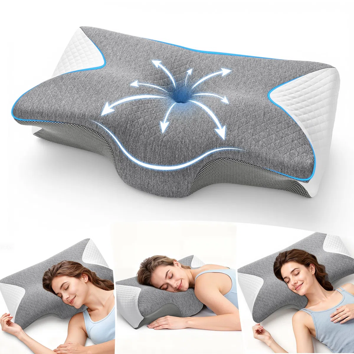 A-Pce Almohada Cervicales y Cuello, Almohada Ergonómica de Espuma Viscoelástica, para Aliviar Dolores de Cuello, Hombro y Espalda, Ideal para Dormir de Lado, Boca Arriba y Boca Abajo, Gris-Blanco