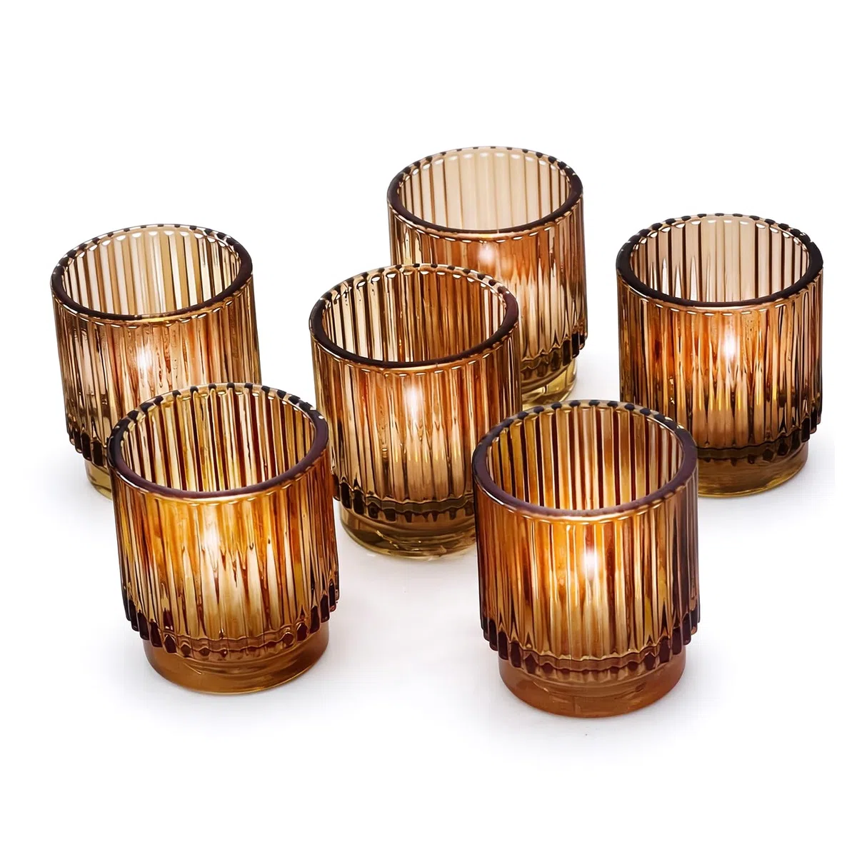 Kate Aspen Portavelas de Cristal ámbar Acanalado Vintage y portavelas votivos (Juego de 6), decoración de otoño, decoración Bohemia, decoración de Estante (27206AB)