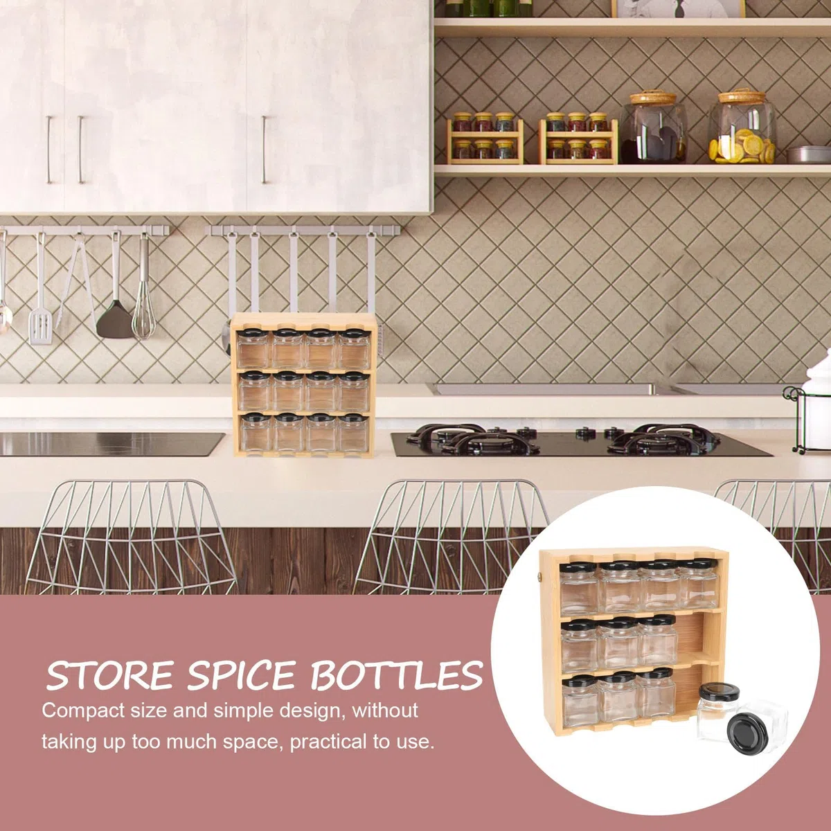 SHINEOFI Soporte Versátil para Especias de Madera y Vidrio Estructura de Múltiples Capas para Organizar Botes de Condimentos en Cocina, Adecuado para Almacenamiento