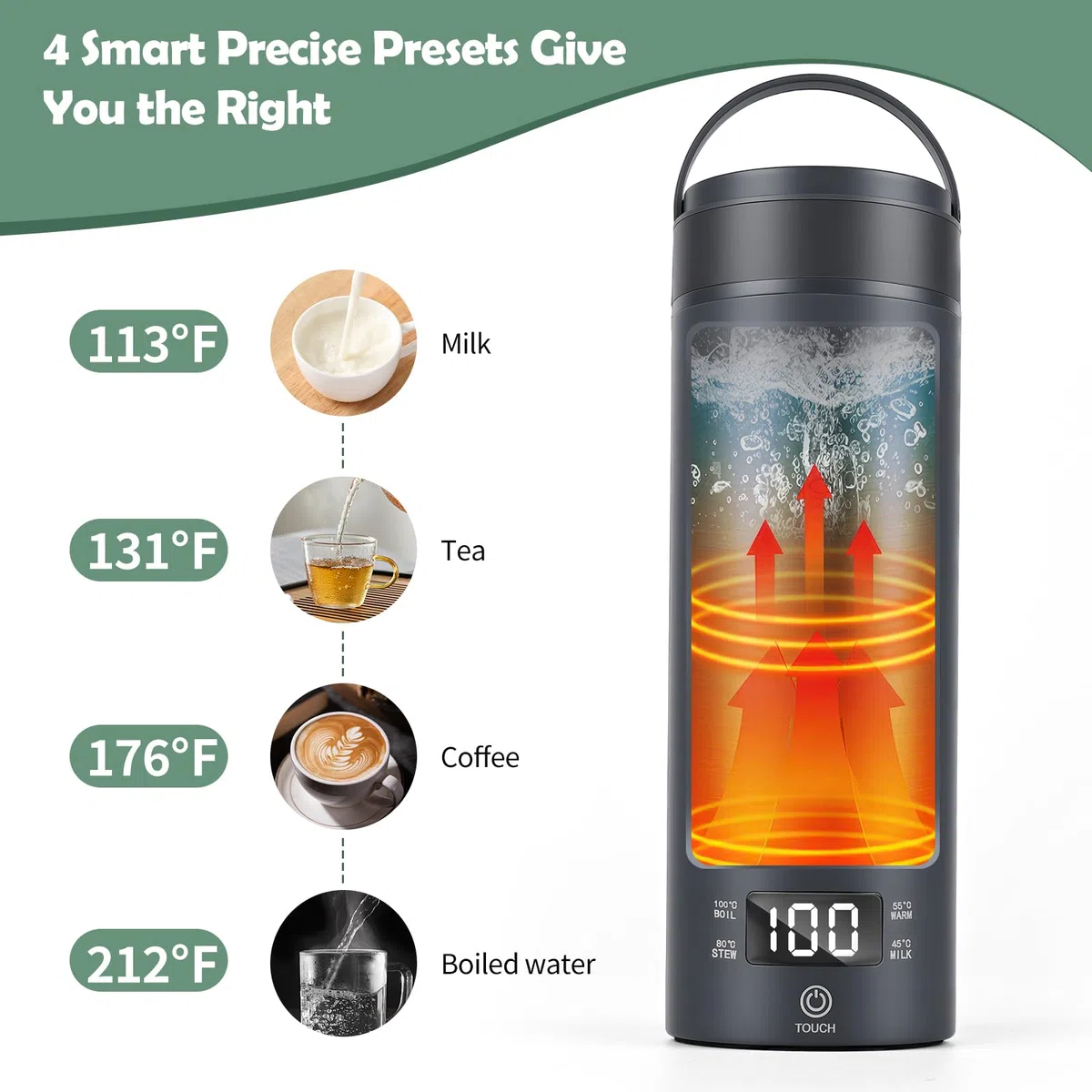 Hervidor eléctrico portátil de viaje, 450 ml, hervidor de agua caliente de viaje, té de café, apagado automático y protección en seco con acero inoxidable 316, 4 reguladores de temperatura (Gris)