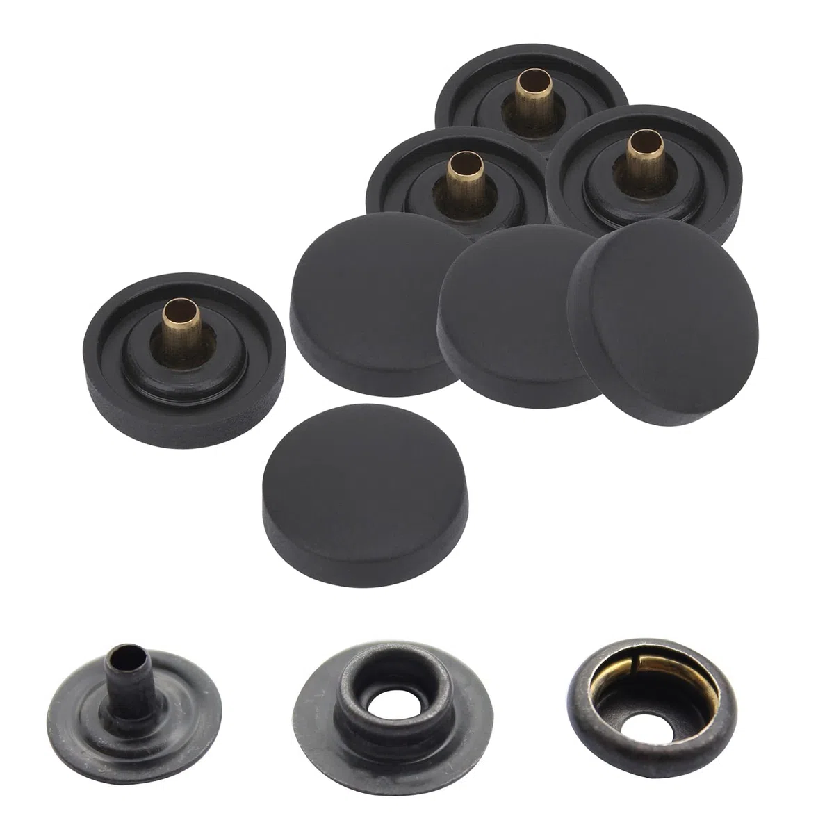 WedDecor Botones de presión sin costura, 4 piezas de cierres duraderos, tapa de plástico con broches traseros de metal para bolsos, jeans, ropa, tela, manualidades de cuero, negro, 500 piezas