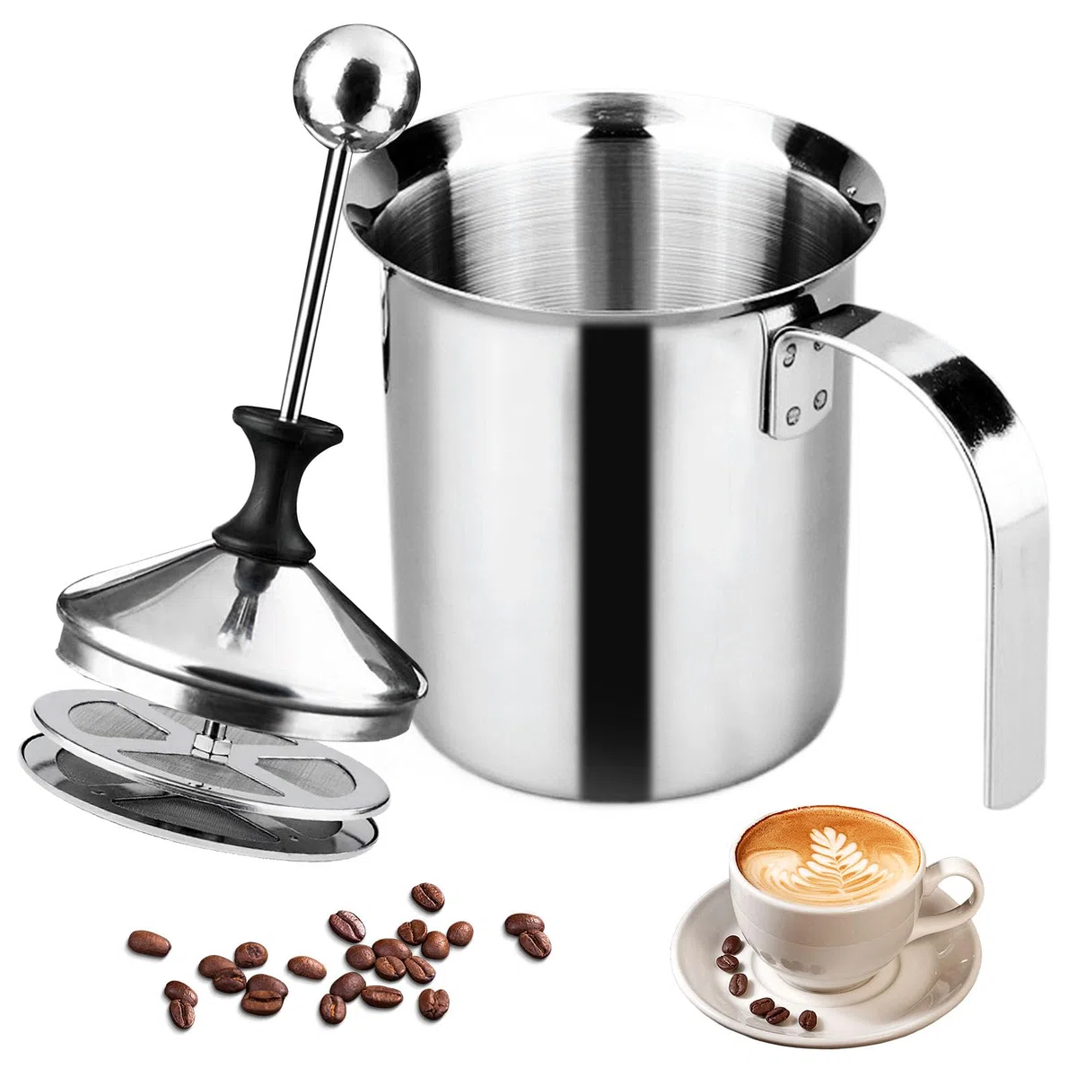 Espumador de Leche Manual de Acero Inoxidable, 400ml Espumadoras de Leche Manual, Espuma de Doble Malla, Batidoras Leche Manuales, para Espuma de Leche Capuchino O Expreso Macchiato