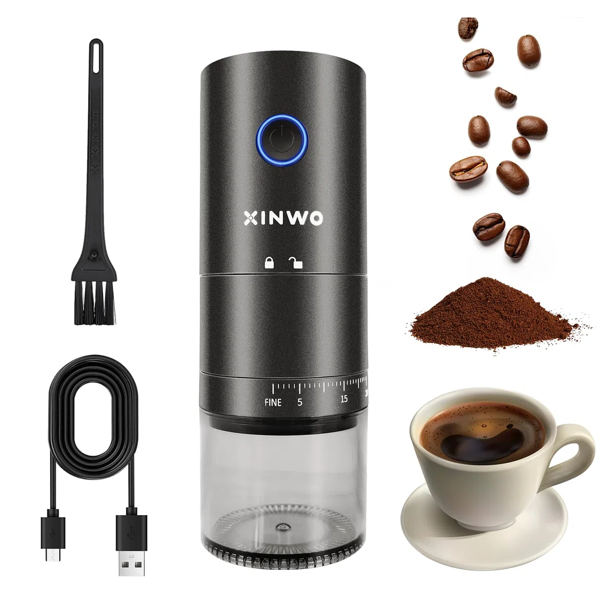 Abidjan | Molinillo de Café Eléctrico Recargable - 38 Niveles de Molienda, Muelas Cónicas de Cerámica, Doble Compartimento - Molido Fino a Grueso (0.1–4mm), USB-C - Negro Mate.