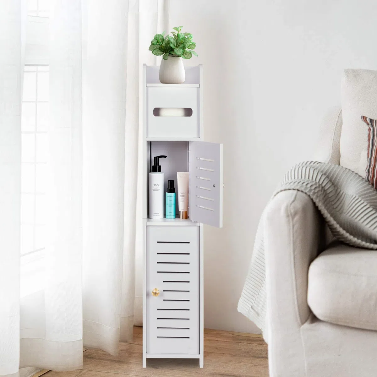 powerking Soportes de Papel higiénico, taquillas de baño, estantes de Esquina Delgados para Almacenamiento en Espacios pequeños, taquillas de baño pequeñas con Puertas - Blanco
