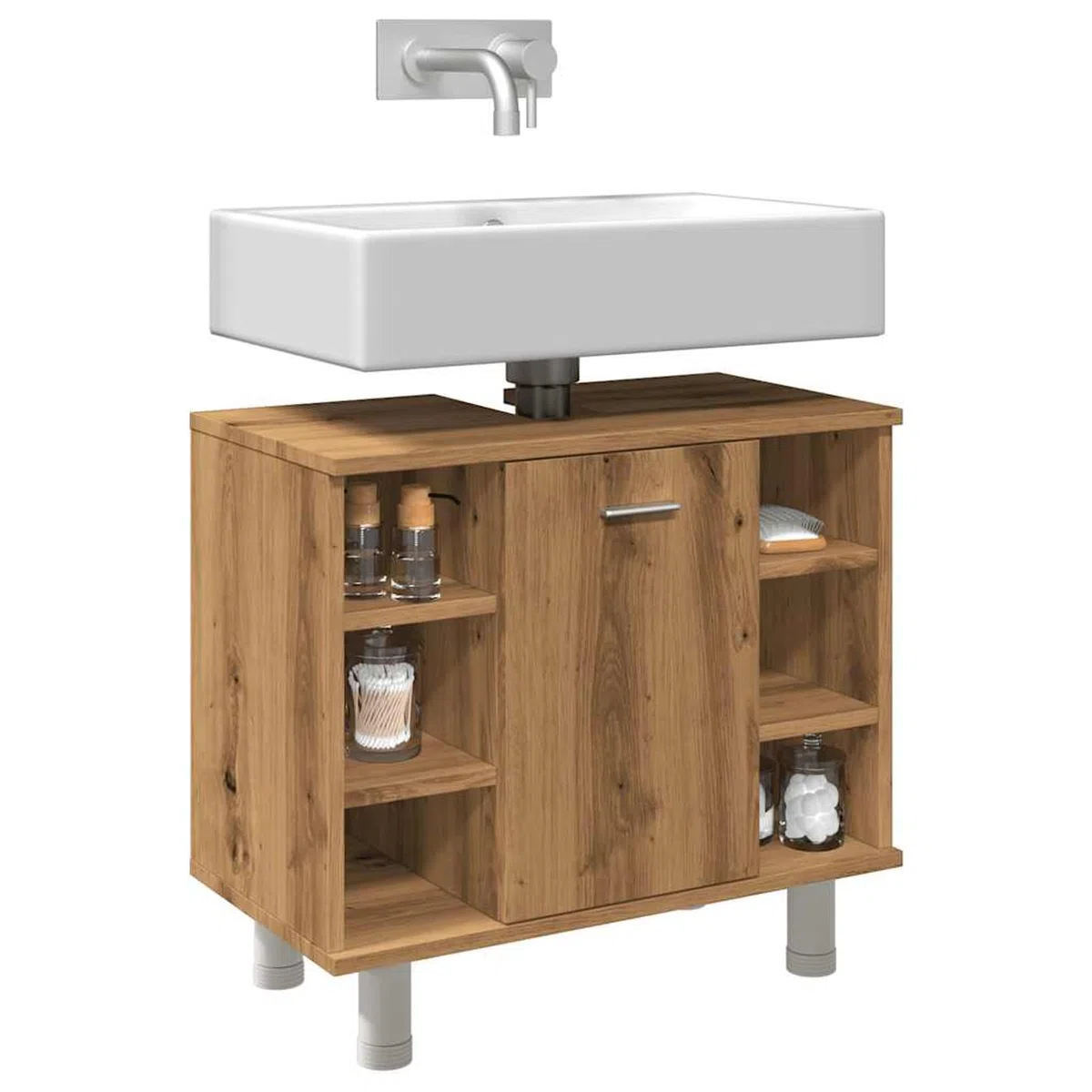 ATOMSTACK MAKER Mueble de baño Artisan, roble 60 x 32 x 53,5 cm, con 7 compartimentos y puerta, resistente a la humedad, armario de madera para un almacenamiento ordenado del baño, incluye soporte de