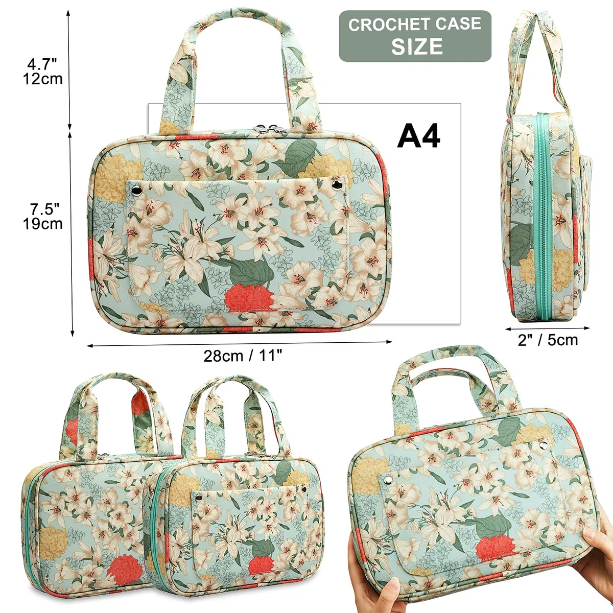 Coopay Organizador de Tejer y Ganchillo, Bolsa de Herramientas de Ganchillo, Bolso de Mano con Bolsillos de con Cremallera, para Agujas Circulares intercambiables,Ganchillo y Otro Accesorios