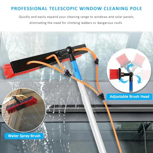 Teles - Kit de cepillo extensible para limpieza de ventanas de 30 pies con poste de alimentación de agua para una limpieza de alto alcance sin esfuerzo, ideal para uso doméstico al aire libre y