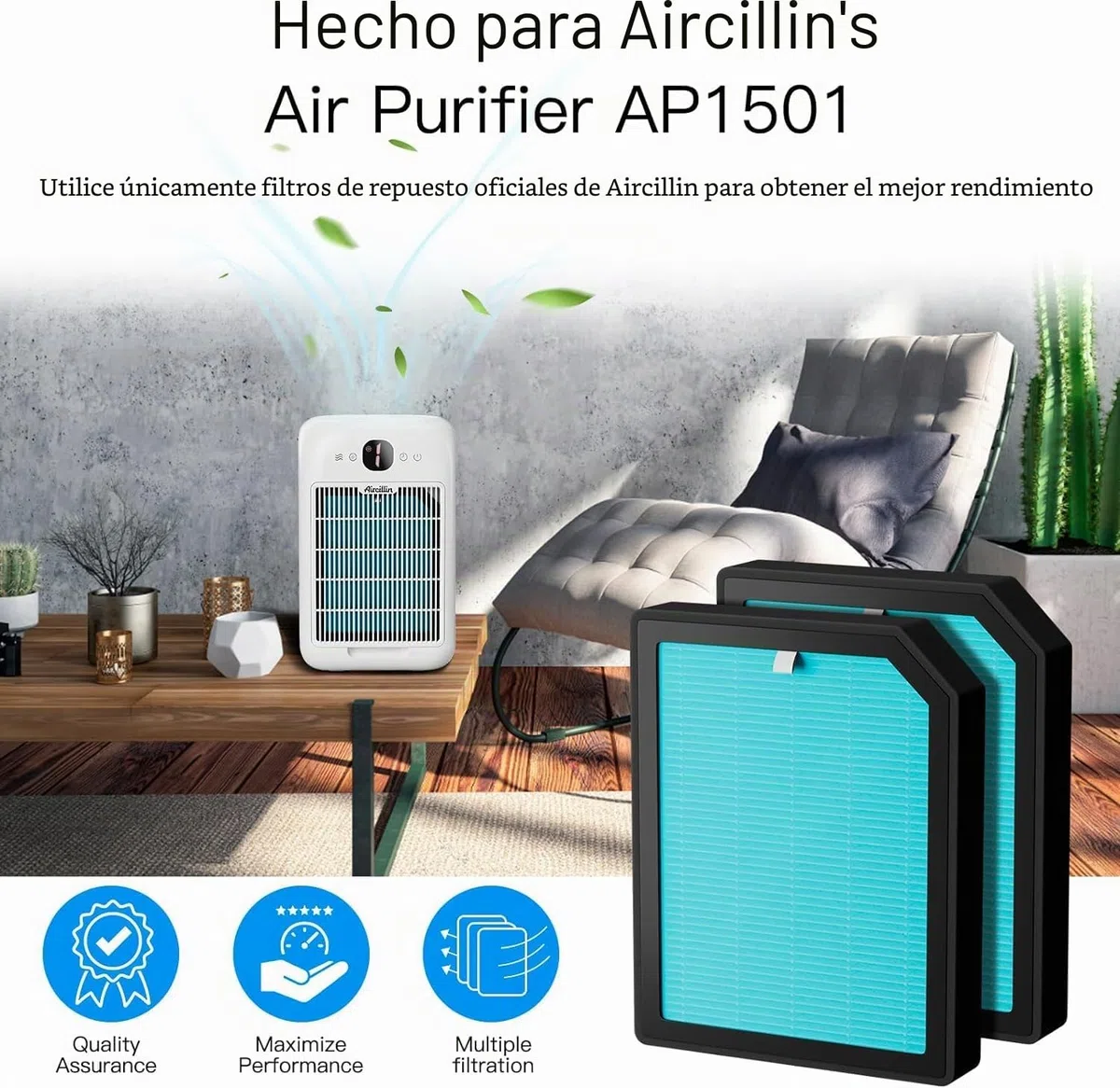 Aircillin 4-Pack H13 Filtro HEPA de Repuesto, Filtro de Carbón Activado de Alta Eficiencia, Apto para el Purificador de Aire AP1501, Elimina Polen, Polvo, Caspa de Mascotas y Otros Alérgenos