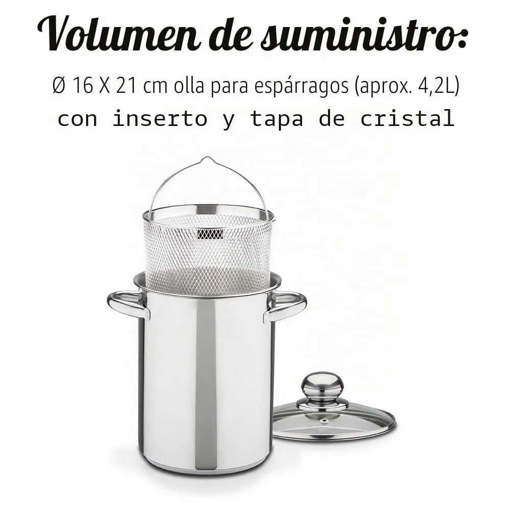 Olla GSW 643160, para espárragos, con pieza insertada y tapa de cristal, acero inoxidable, plateada, 16 cm