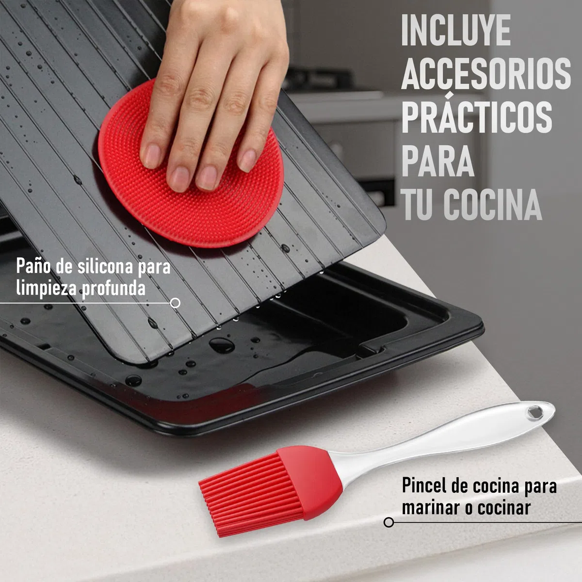 Tabla Descongelación Rápida Alimentos - Placa de Aluminio 35,5X20,5X0,2cm con Cepillo Silicona y Pincel - Bandeja Reutilizable y Profesional para Carne Pescado Pollo - Cocina Higiénica | Three Stars