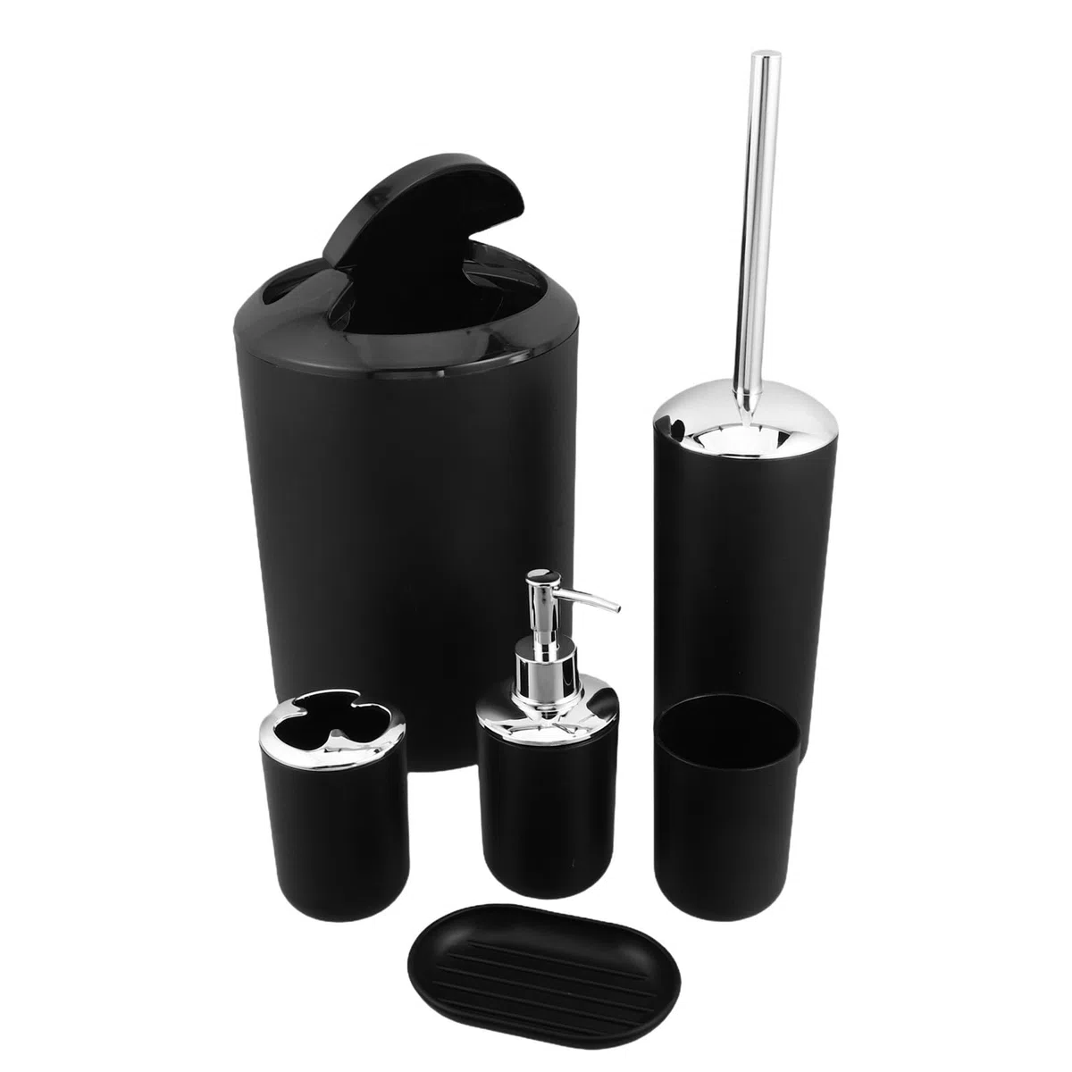 GANAZONO Set de Accesorios de Baño Negro de 6 Piezas con Dispensador de Jabón, Porta Cepillos Dentales, Escobillero y Papelera, Resistente Humedad y Fácil de Limpiar para Baño