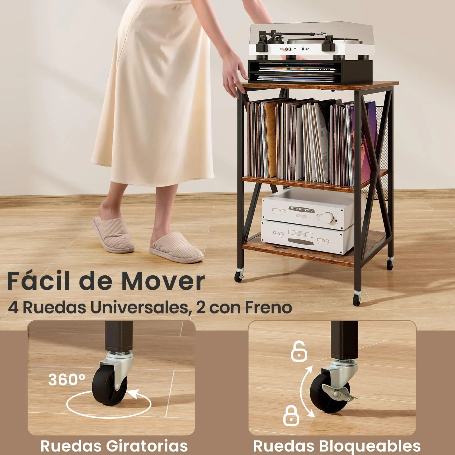 GOPLUS Soporte para Tocadiscos, Estante de Almacenamiento para Vinilos de 3 Niveles con Estación de Carga Incorporada y Ruedas Bloqueables, Soporte para Giradiscos (Marrón Rústico)