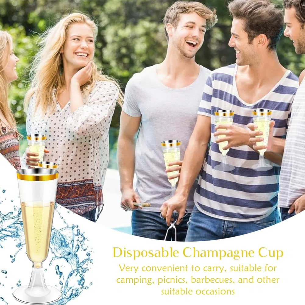 Copas de Champán de Plástico con Borde Dorado, 10 Piezas Juego de Copas de Champán de Plástico, Copas Reutilizables Copa Plastico, Copas de Cava Plastico paraBodas, Cumpleaños y Fiestas (150ml)