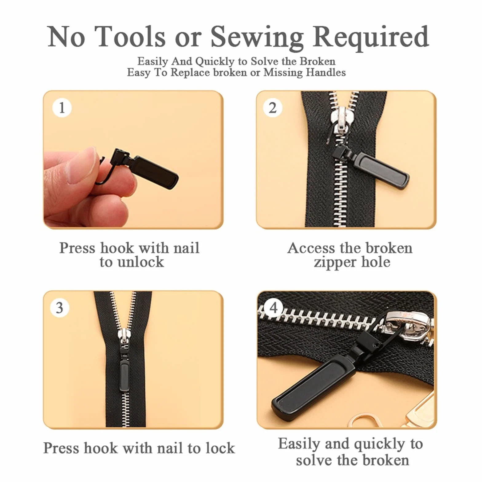 Tiradores de cremallera, Kit de reparación de cabezales de cremallera de repuesto for tiradores de cremallera desmontables, for maletas, equipaje, mochilas, bolsos, abrigos(Black,8 Pcs)
