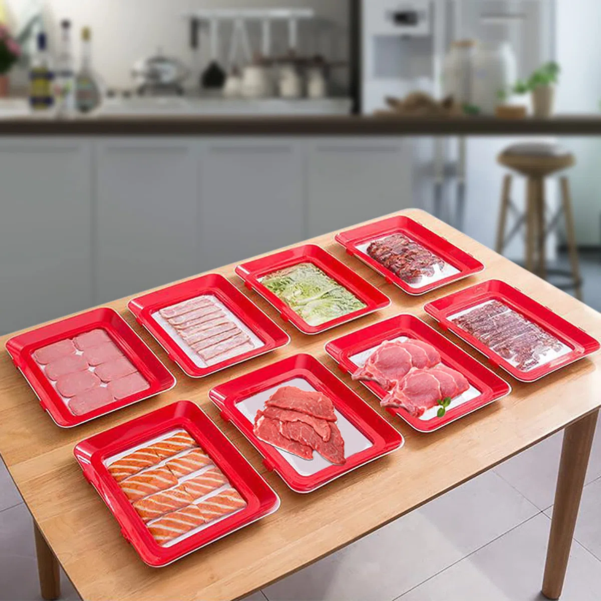 MINUS ONE Bandeja de conservación de alimentos al vacío, apilable y reutilizable, contenedor de alimentos con tapa de plástico para verduras, juego de 8 unidades