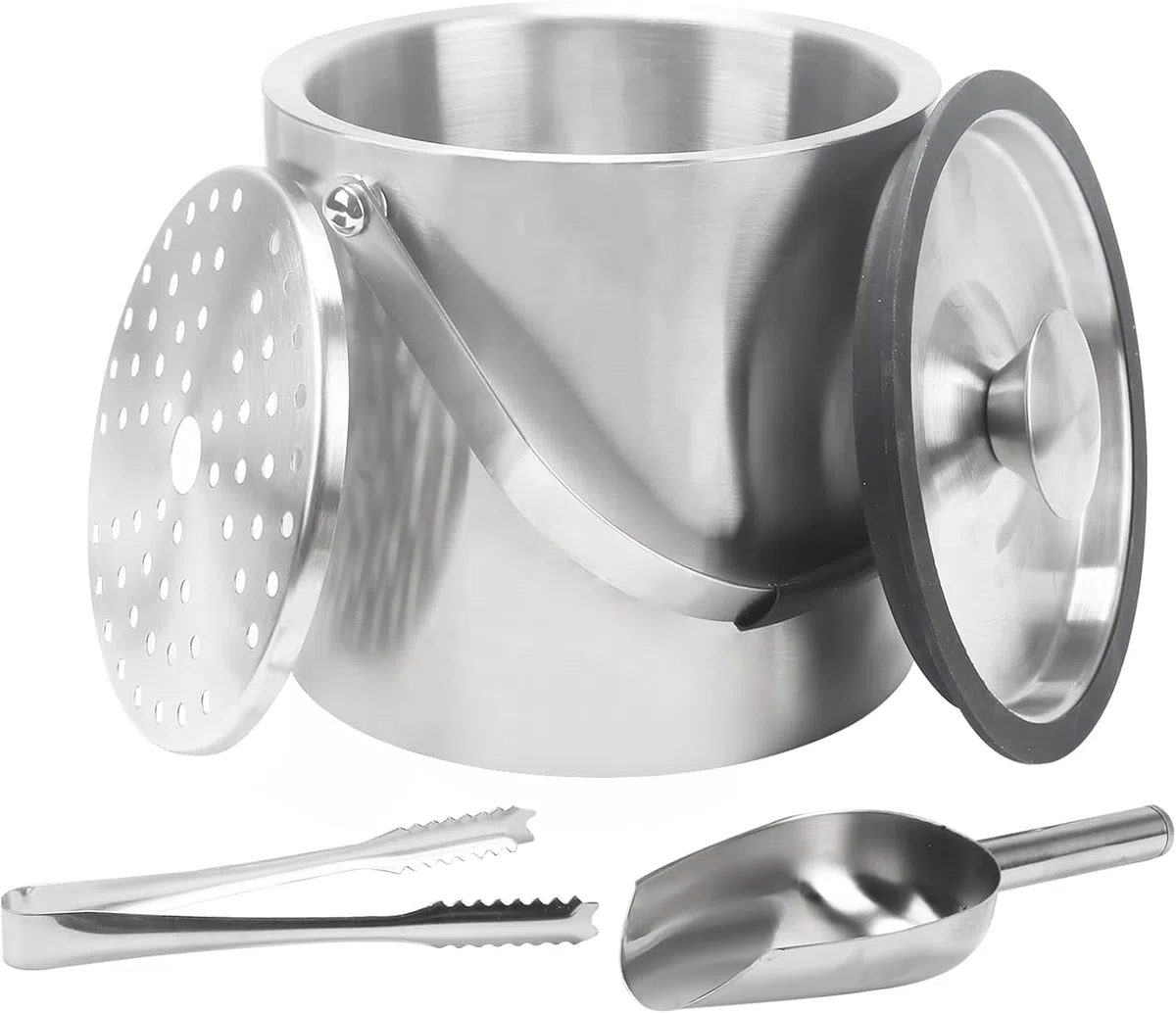 Minnnhua 3L Cubiteras para Hielo Grande Hielera Portátil Cubiteras para Botellas de Doble Pared de Acero Inoxidable Champanera con Tapa Colador Cuchara Hielo Y Pinza para Bar Fiestas de Picnics