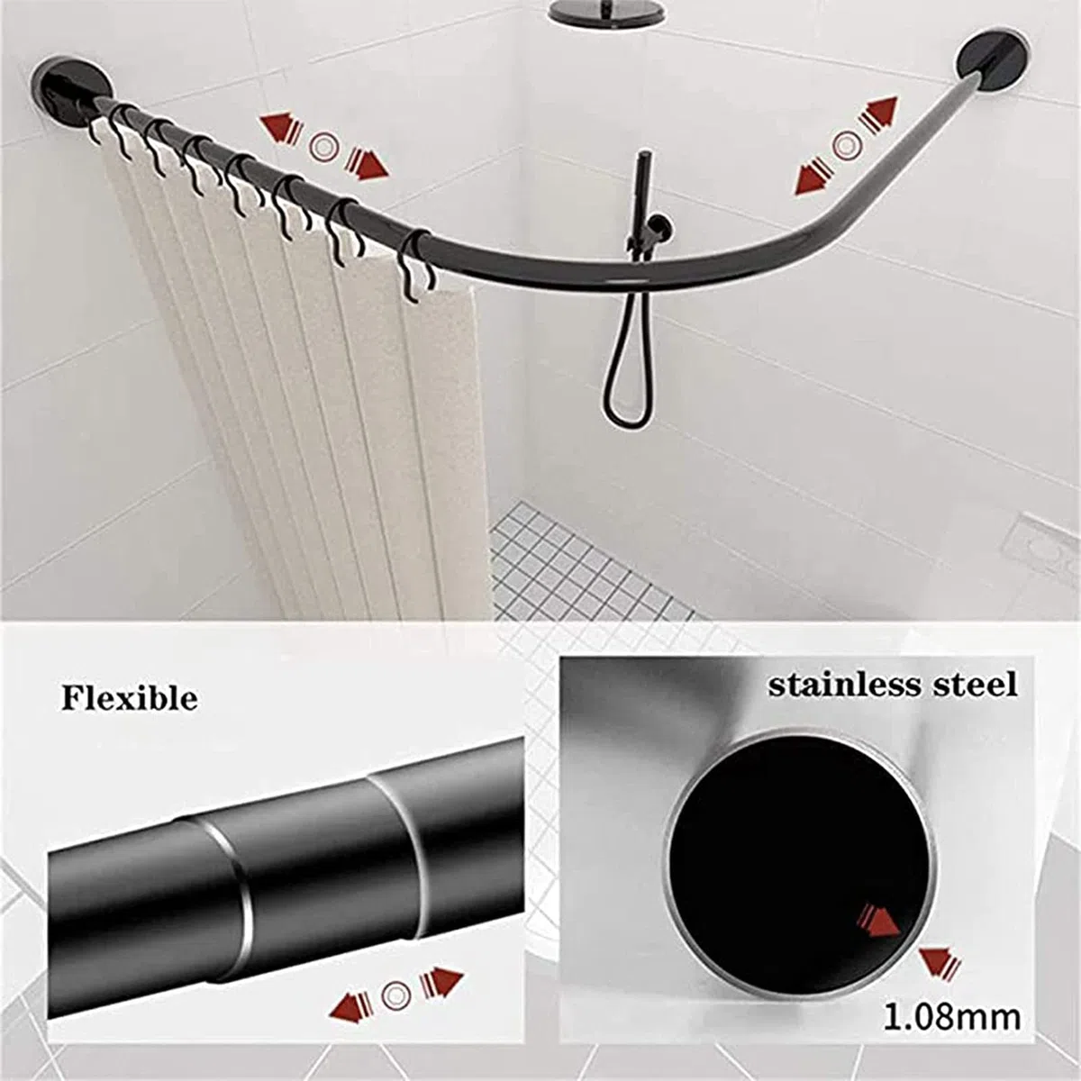 Barra Extensible en Forma de L para Cortina de Ducha - Barra Curva de Acero Inoxidable para baño sin Necesidad de taladrar. 100% Resistente a la corrosión. Colgador de Cortina de baño de fác