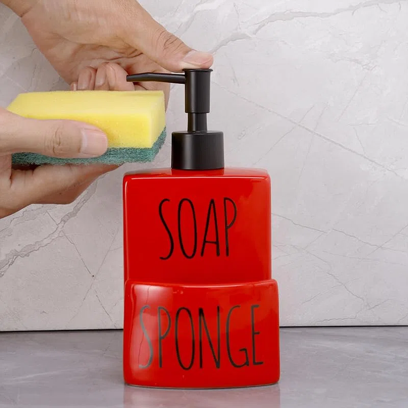 Dispensador de jabón de cerámica con Soporte de Esponja para Fregadero de Cocina, baño, encimera, Almacenamiento y organización (Rojo)