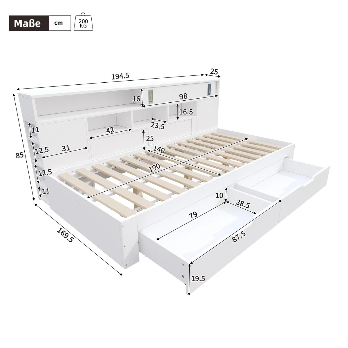 Zepneiy - Cama de 140 x 190 con cajones y estante, cama doble 140 x 190 con armario de almacenamiento, caja fuerte con espacio de almacenamiento, marco blanco (sin colchón)