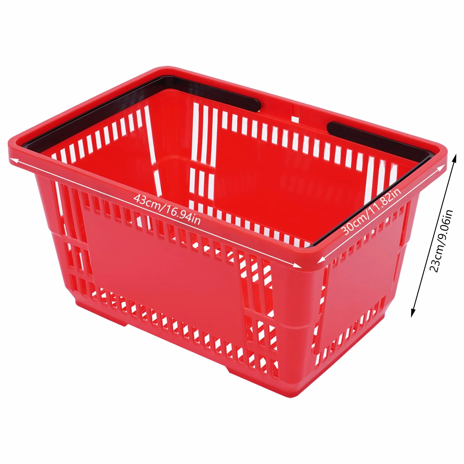 Cesta de la compra de plástico con asa, 12 unidades, 18 L, color rojo | Cesta de la compra apilable, cesta de la compra de supermercado, cesta de plástico portátil con asa, hasta 10 kg, color rojo