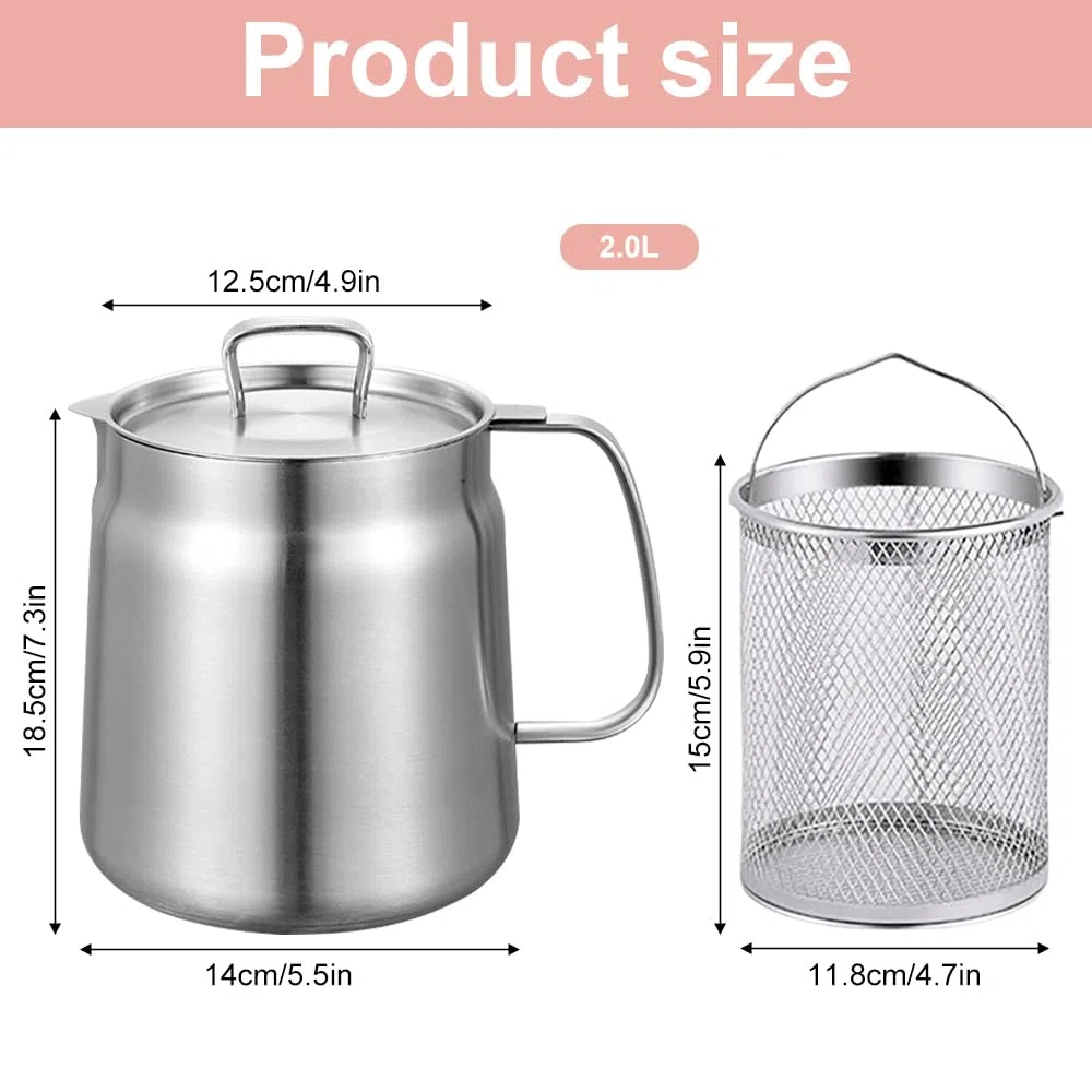 Olla de Filtro de Aceite de Acero Inoxidable, 2L Contenedor de Grasa con Colador de Malla Fina y Cesta para Freír, Protector de Grasa de Tocino, Versátil Recipiente Aceite para Cocina