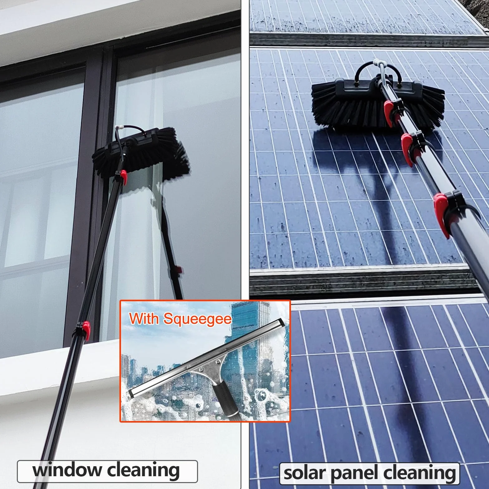 Genérico Cepillo telescópico para Ventanas, hidrolimpiador telescópico, hasta 10,8 m, dispensador de jabón, Paneles solares, Kit con escobilla de Goma, para Lavado de Camiones, autobuses y