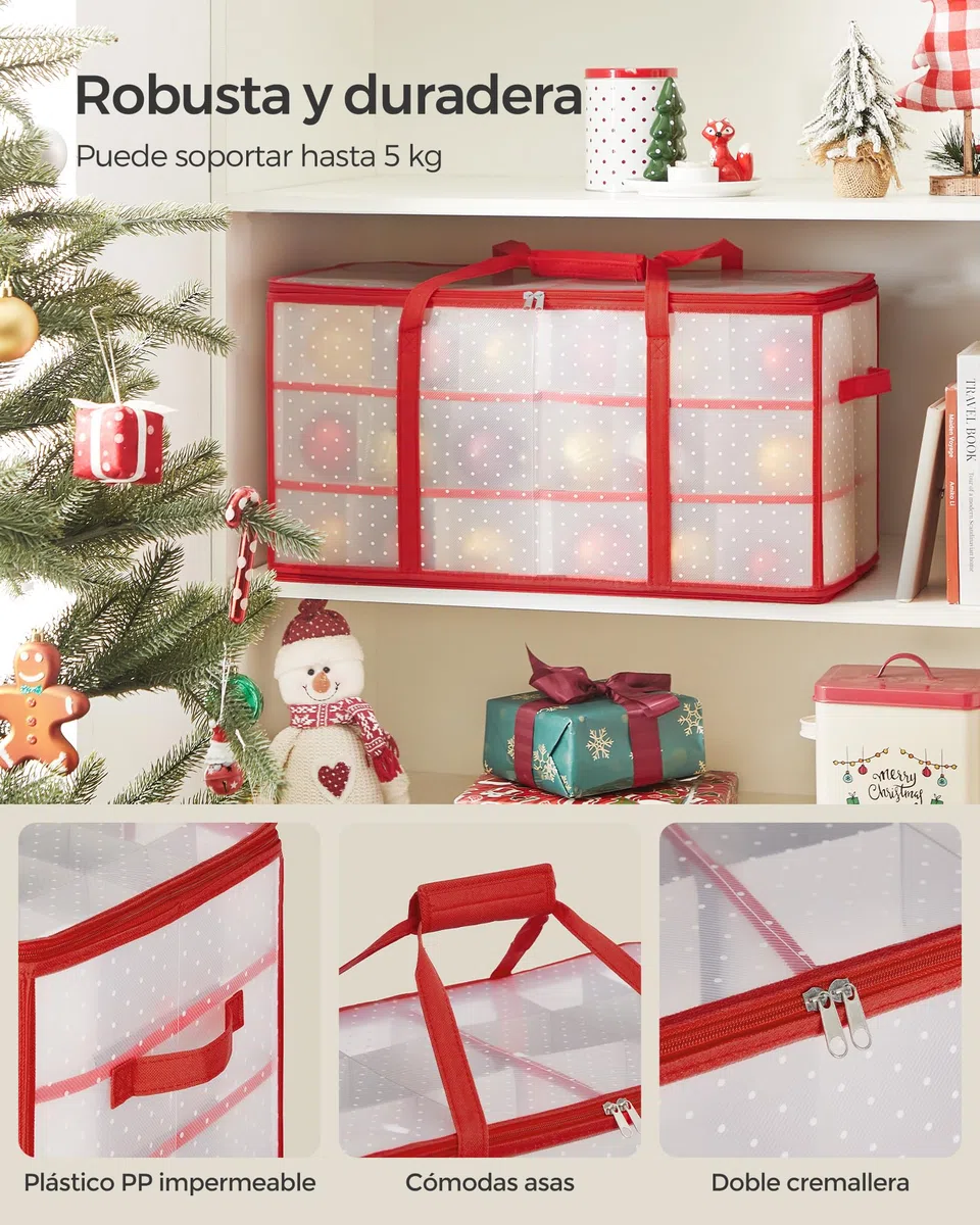 SONGMICS Caja Grande para Adornos de Navidad, 10,2 cm 54 Ranuras, Caja de Plástico para Adornos de Navidad con Tapa, Doble Cremallera, 6 Bandejas, Asas Laterales, Rojo Cereza RFB030T01