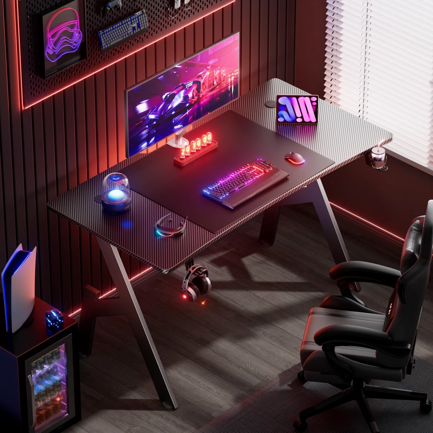 HLFURNIEU Mesa Gaming 120 x 60 cm, Escritorio Gaming Ergonómica, Mesa Gamer de Fibra de Carbono, Mesa para Ordenador con Portavasos y Gancho para Auriculares, Negro