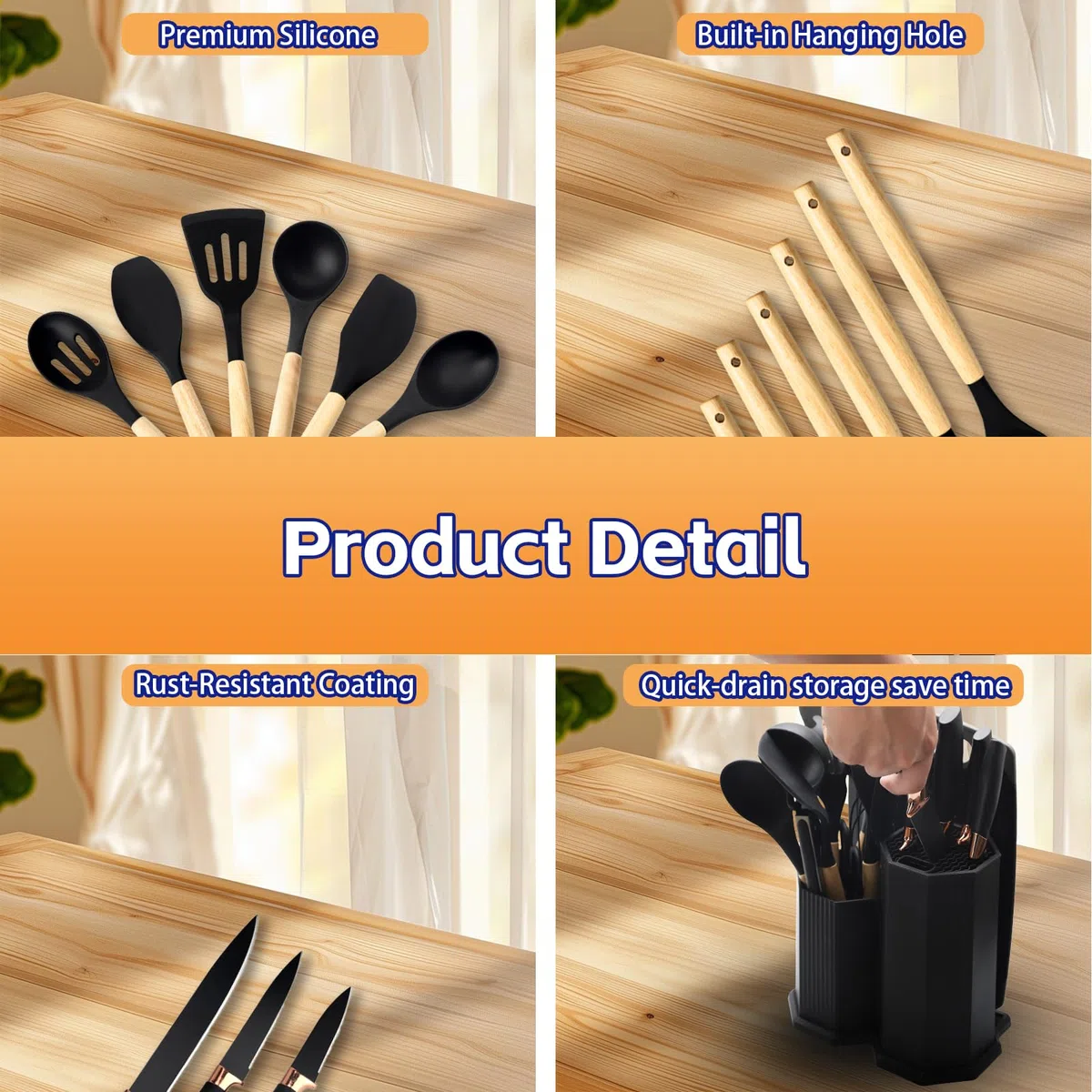 Juego de utensilios de cocina de 19 piezas con cuchillos tabla de cortar y caja de almacenamiento en forma de diamante – utensilios de silicona resistentes al calor negro