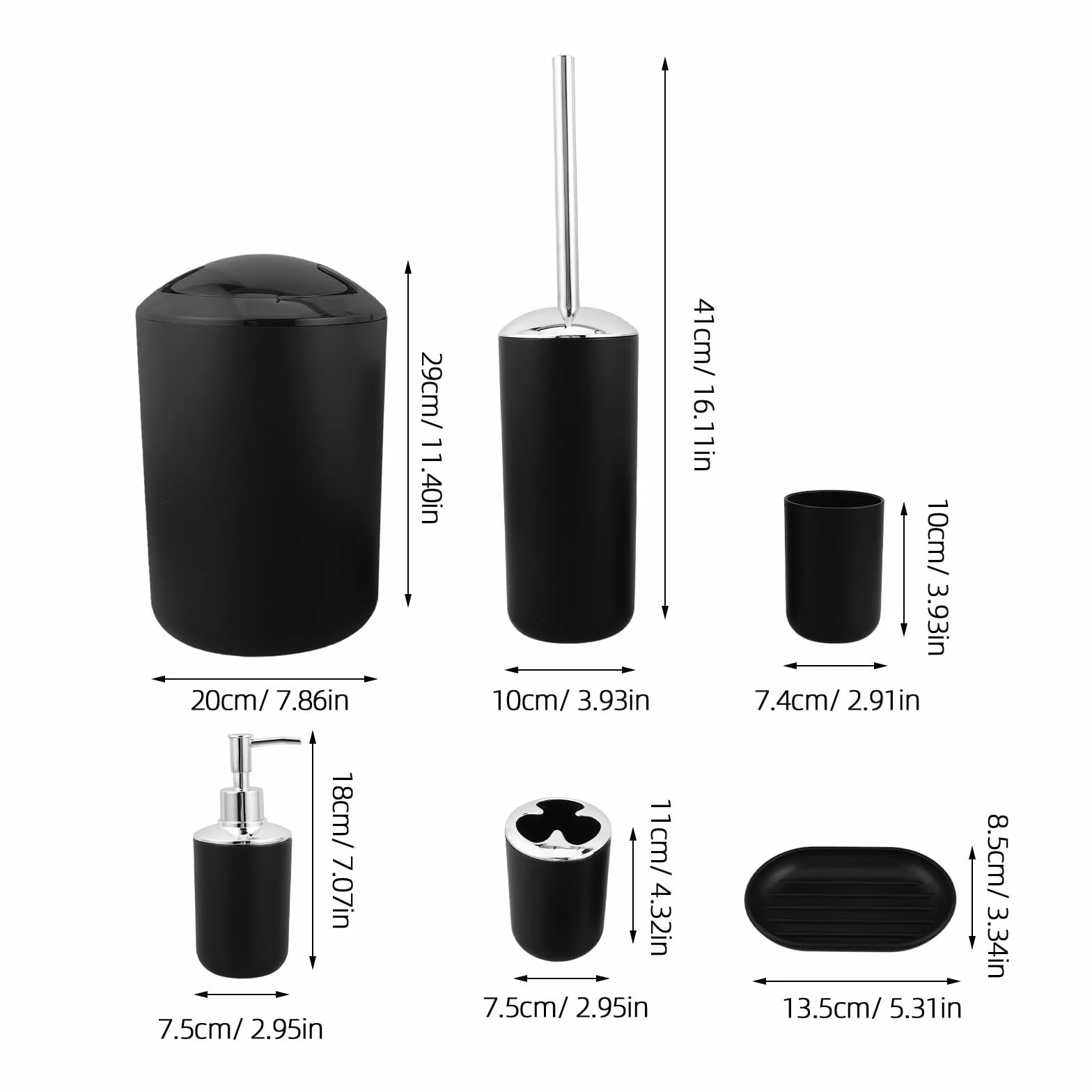 GANAZONO Set de Accesorios de Baño Negro de 6 Piezas con Dispensador de Jabón, Porta Cepillos Dentales, Escobillero y Papelera, Resistente Humedad y Fácil de Limpiar para Baño