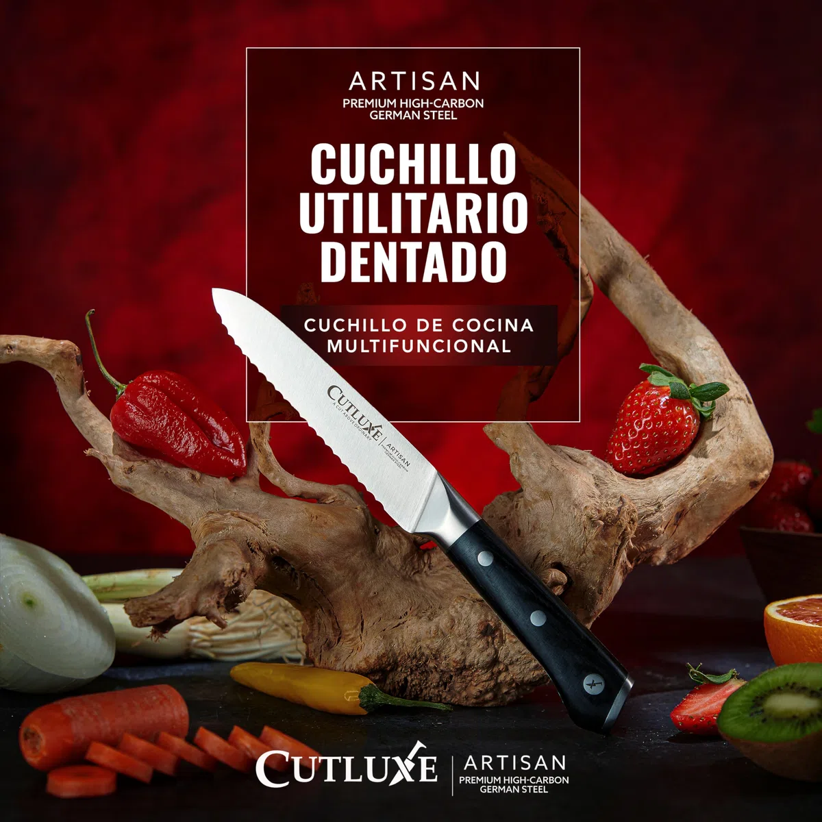 Cutluxe Cuchillo Utilitario Serrado de 13cm - Pequeño Cuchillo Cocina Profesional y Cuchillo de Tomatero - Hoja de Acero Alemán Afilada - Diseño de Mango Ergonómico y Espiga Completa - Serie Artisan