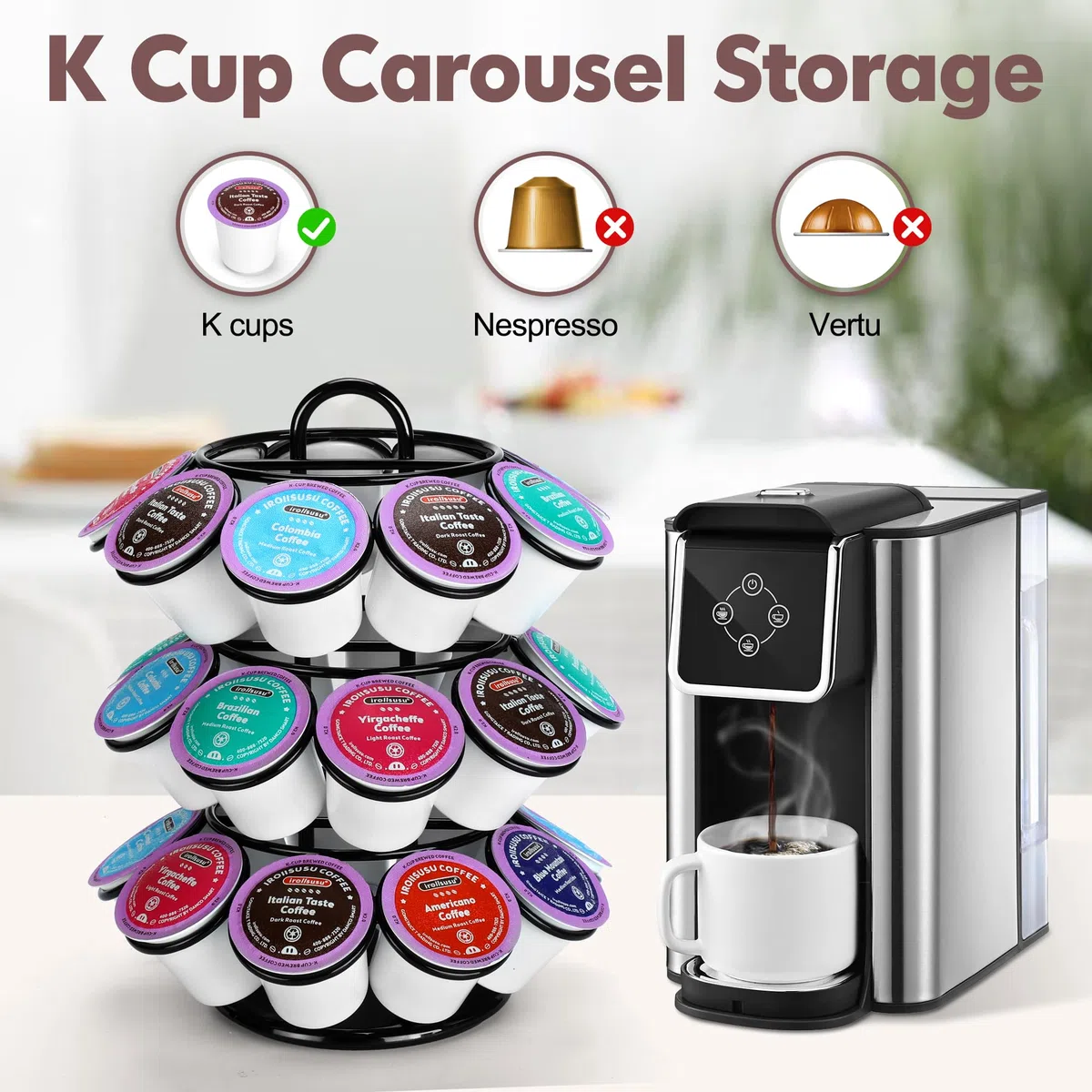 ROWISE Soporte para cápsulas de café, soportes para tazas K, carrusel de cápsulas de café de 3 niveles compatible con tazas K (27 cápsulas), gira 360 grados, diseño negro moderno