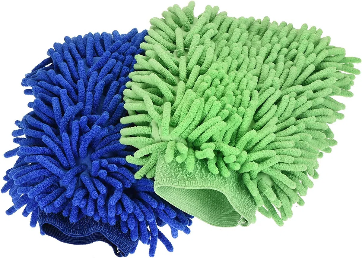 Guantes portátiles de trapo for lavado de autos Manopla de lavado de chenilla suave de microfibra Guantes for quitar el polvo grandes de doble cara for la limpieza de la casa, conjunto azul naranja 2