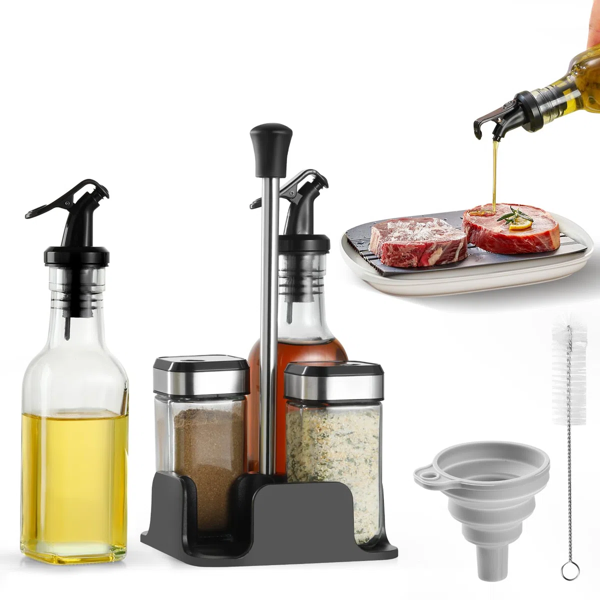 FRIBERG Set De Aceite Y Vinagre, Set De Sal Y Pimienta, Vinagreras Y Aceiteras De Mesa Con Soporte，2 Botellas De Aceitera Y Vinagre De 200 Ml, 2 Tarros De Condimento De 120 Ml Con Tapas