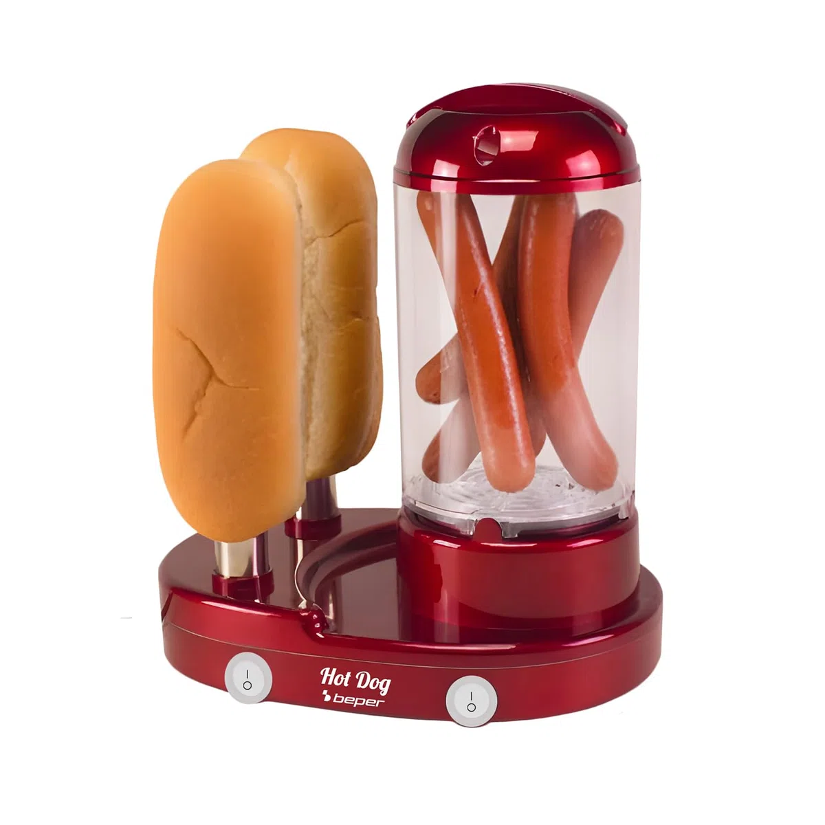 BEPER P101CUD502 Máquina para hacer perritos calientes y cocer huevos 3 en 1, vaporera para salchichas y huevos, calentador de panecillos con 2 varillas de acero inoxidable, 440 W, interruptor doble