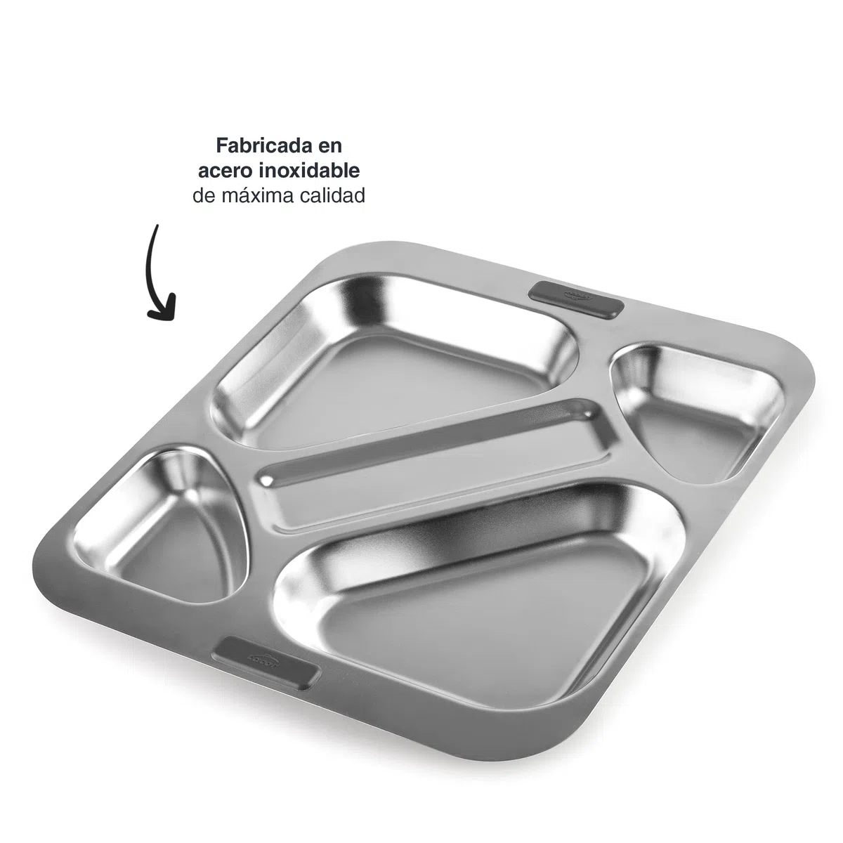 LACOR - 66957Z - Bandeja Autoservicio, Bandeja para Comedor, 4 Compartimentos + Espacio para Cubiertos, Apilable, Acero Inoxidable, 32.5 x 37.5 cm