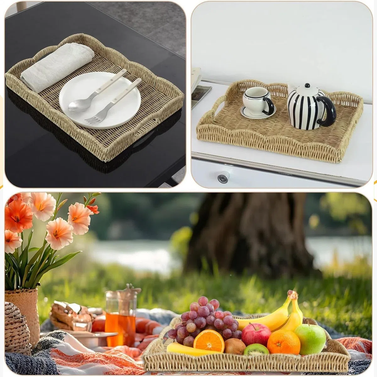 Bandejas decorativas de ratán tejido para desayuno, sala de estar, dormitorio, sofá, al aire libre, terraza, camping, picnic, fiestas familiares, diseño de borde ranurado