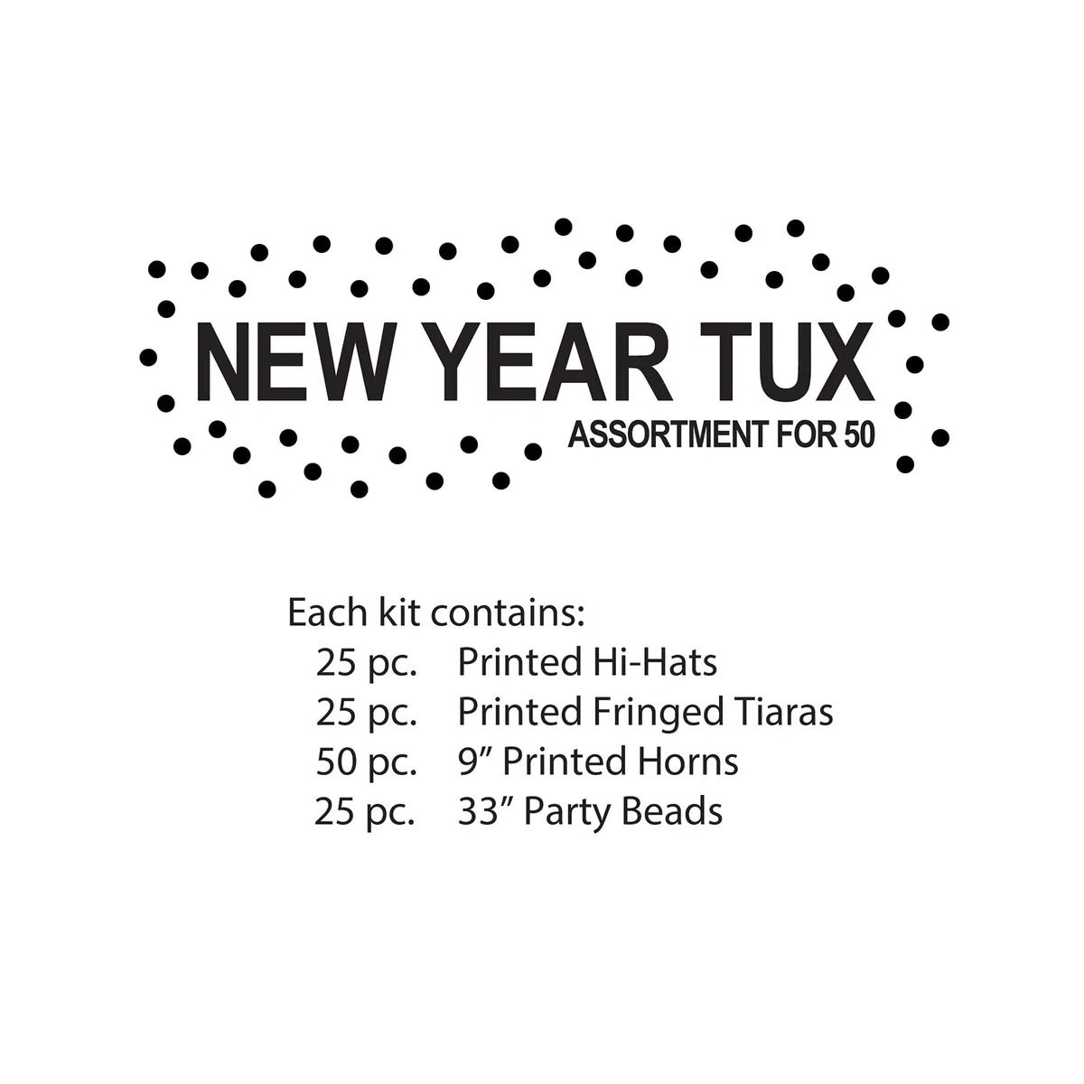 Beistle 80372-50 - Surtido de esmoquin para Nochevieja para 50 personas, suministros de fiesta, sombreros, tiaras, cuernos, cuentas, papel de plástico, negro/blanco